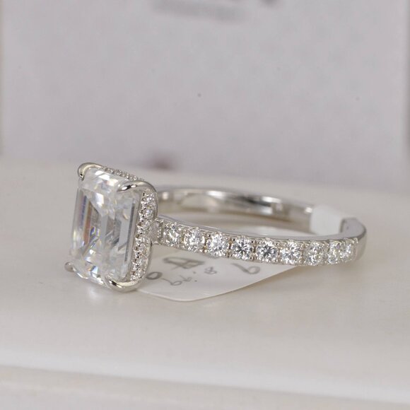 Certified 4.6ct Emerald Cut with Hidden Halo Moissanite Ring 925 Sterling - Picture 6 of 16